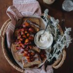 Gluten-free pound cake topped with Stewed Fruit and Mascarpone.