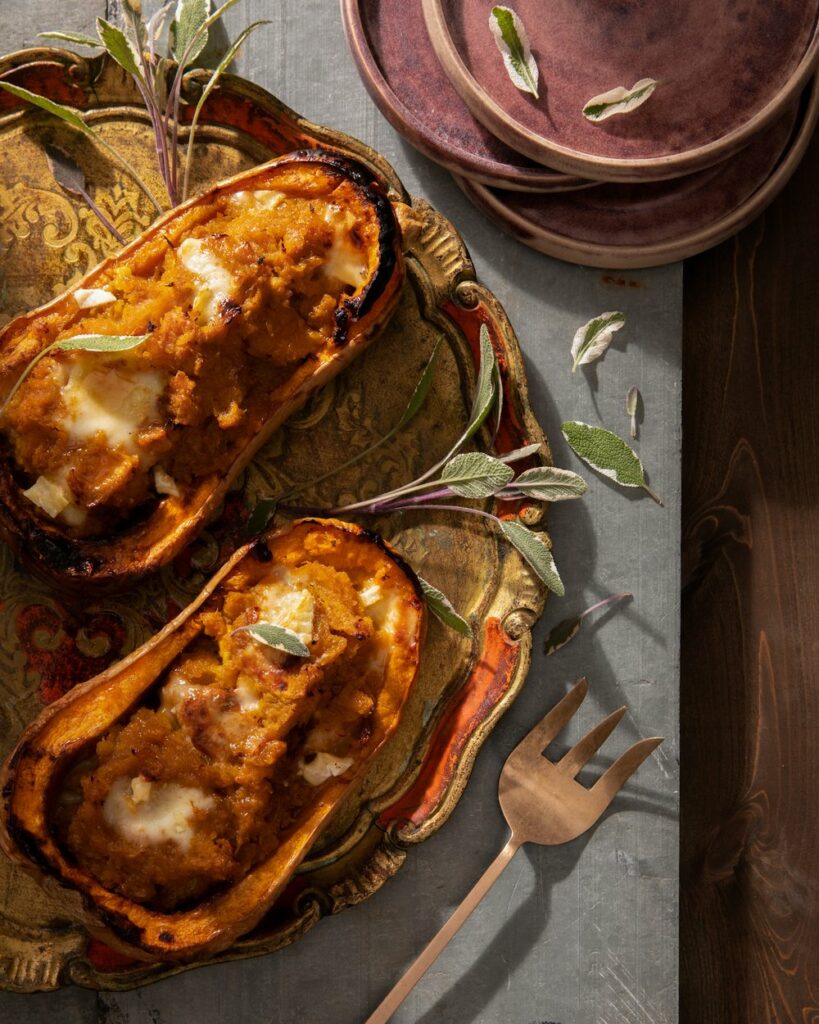 An aerial shot of Twice-Baked Butternut Squash with Brie. fall recipes