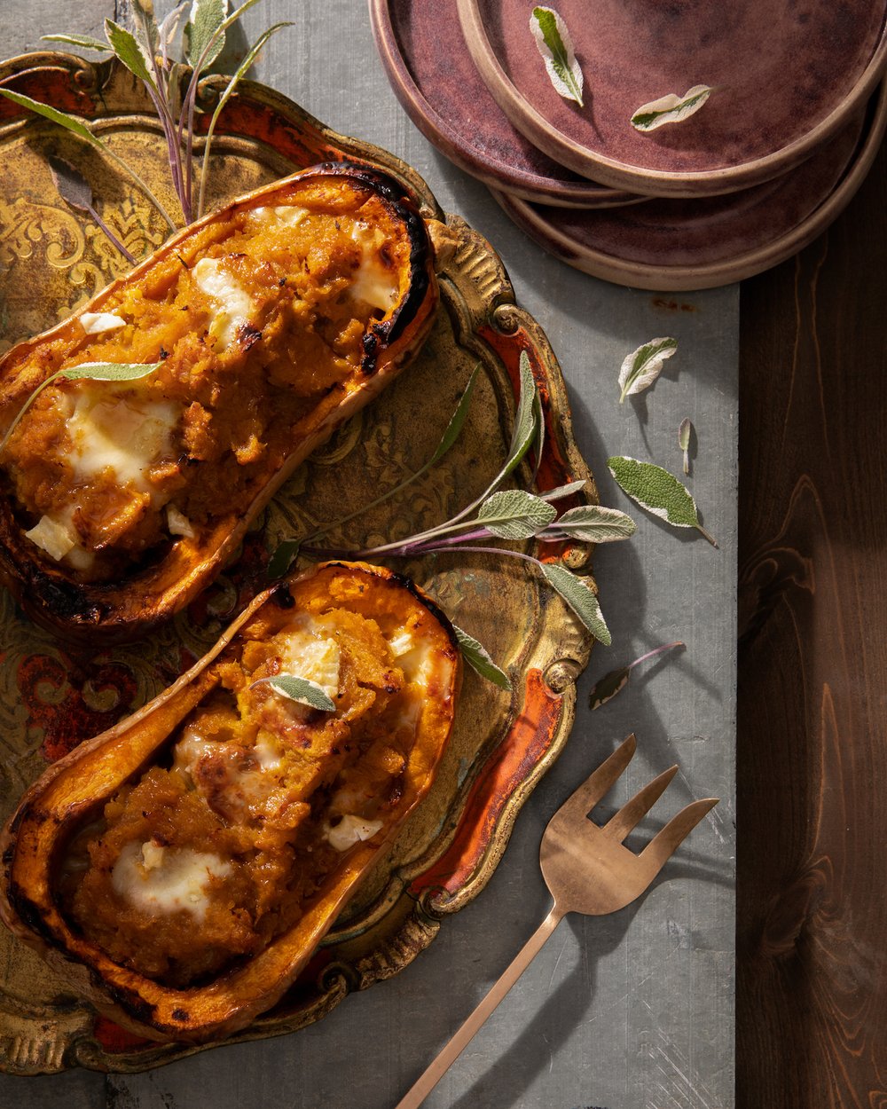 An aerial shot of Twice-Baked Butternut Squash with Brie