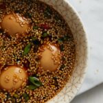 Mayak eggs recipe ingredients in a bowl