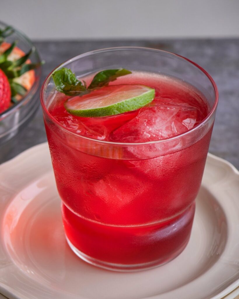 Red Summer Punch sits in a small drinking glass on a small white plate, garnished with lime.