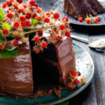 A Gluten-Free Chocolate Cake topped with fresh red berries sits on a green/blue plate wth one slice cut out of it.