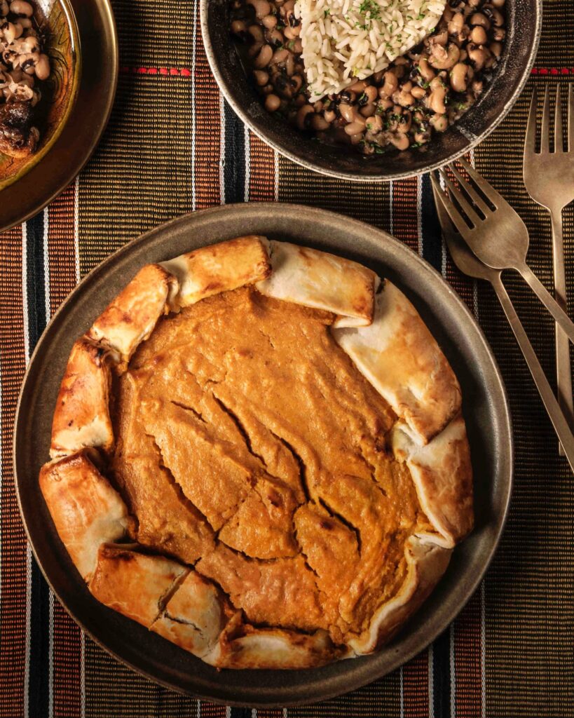 An aerial view of a sweet potato pie.