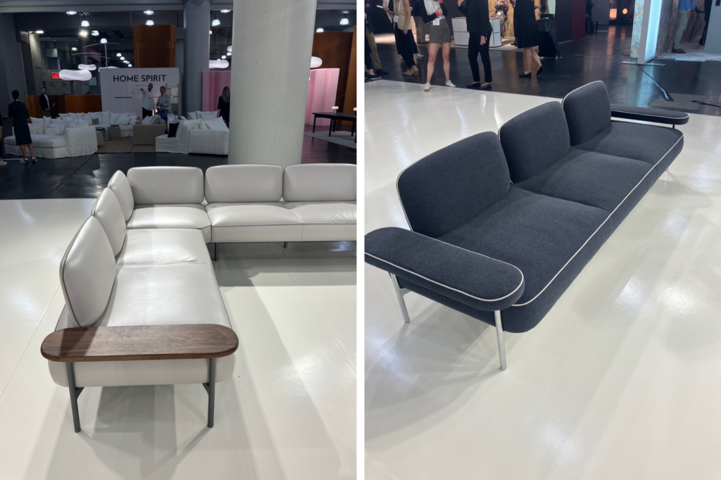 Two photos of sofas at New York Design Week sit side by side. On the left is a light grey colored leather sofa while on the right is a plush dark blue sofa.