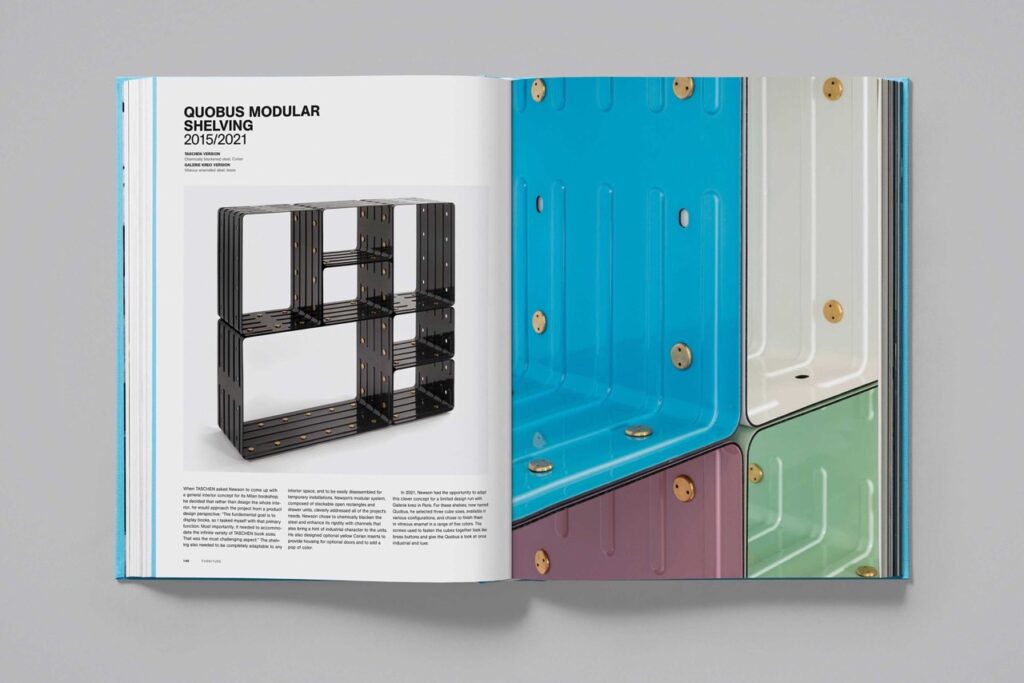 A two page spread of Marc Newson Works 84-24 shows a black shelf and color panel shelf with paragraph descriptions.