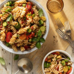 A summer pasta salad using local ingredients on a white background