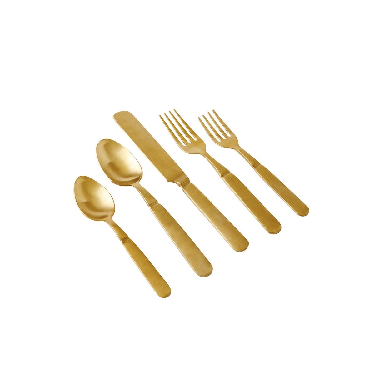 A set of two golden spoons, a knife, and two forks on a white background