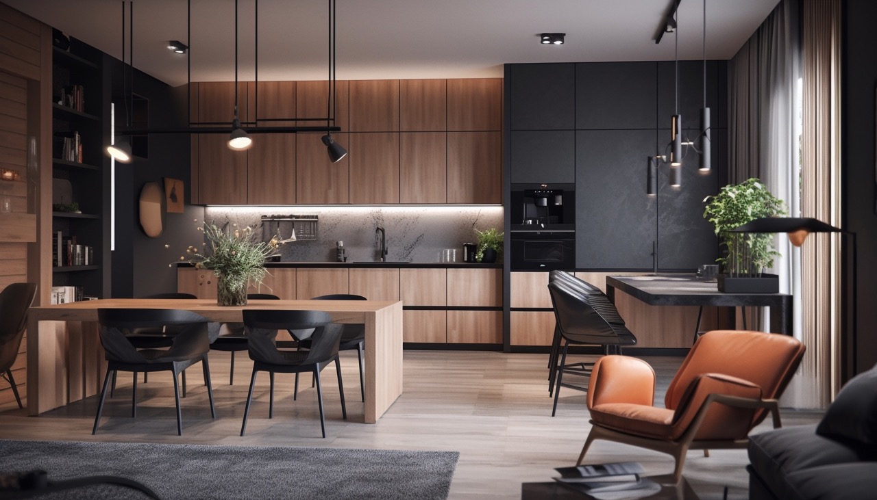 A kitchen interior with a modern touch using wood cabinets, tables, and black embellishments. 