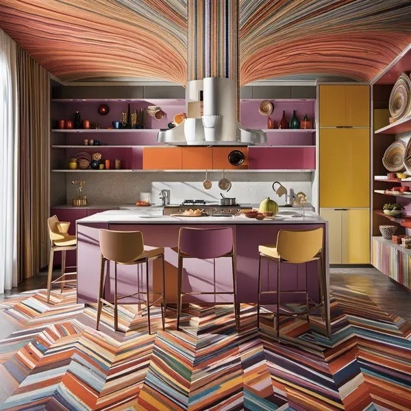 A colorful, zigzag rainbow kitchen interior design by AI with a table in the center and cabinets around the walls. 