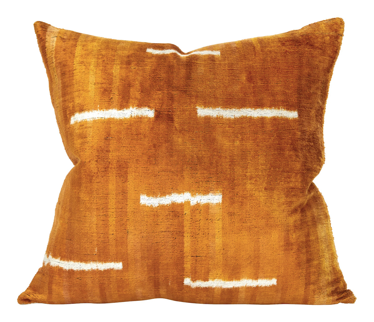 An orange pillow with white stripes on it. 