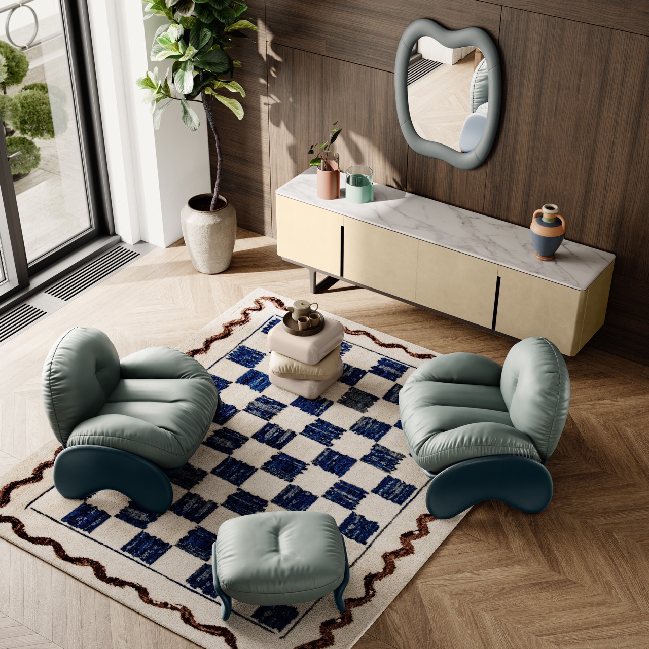 Two green mint squishy chairs featured in a Milan Design show sit on a checkered carpet in front of a vanity against the wall.