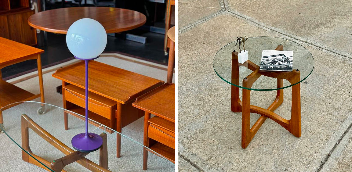 A diptych of two glass tables with wooden supports