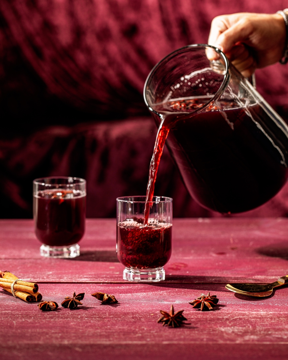 A pitcher filled with a dark red sangria cocktail garnished with cinnamon sticks and star anise pods, as described in the recipe for the "Spice is Nice Sangria" batch cocktail.