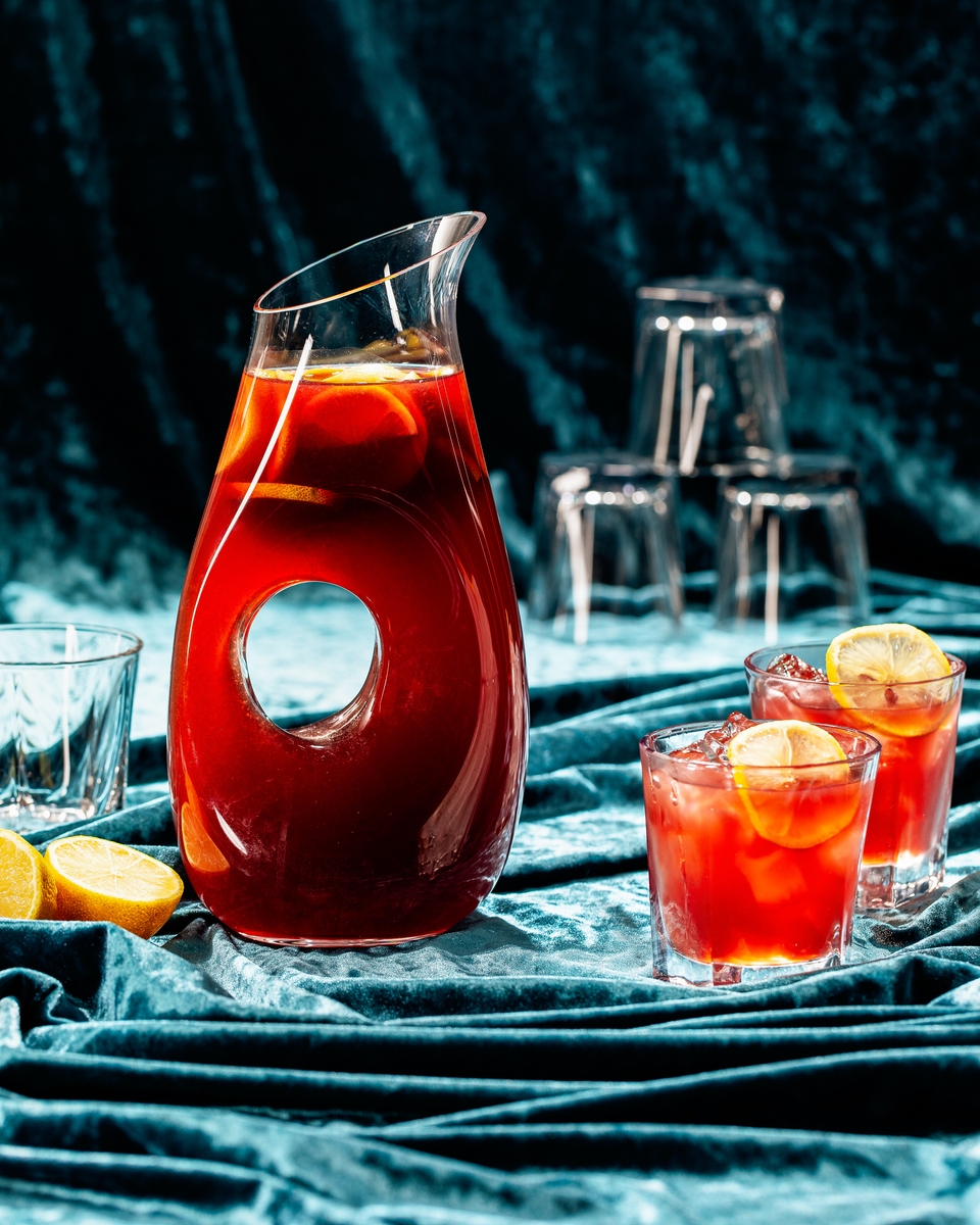 A pitcher filled with a deep red cocktail garnished with lemon slices, depicting the batched "Stone Fruit Sour" recipe recommended for holiday entertaining.