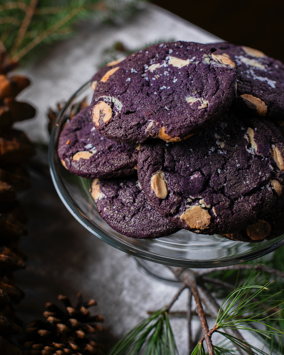 Ube cookies on a glass plate