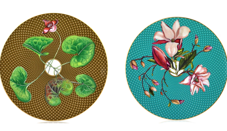 One teal plate and one brown plate with plants on them