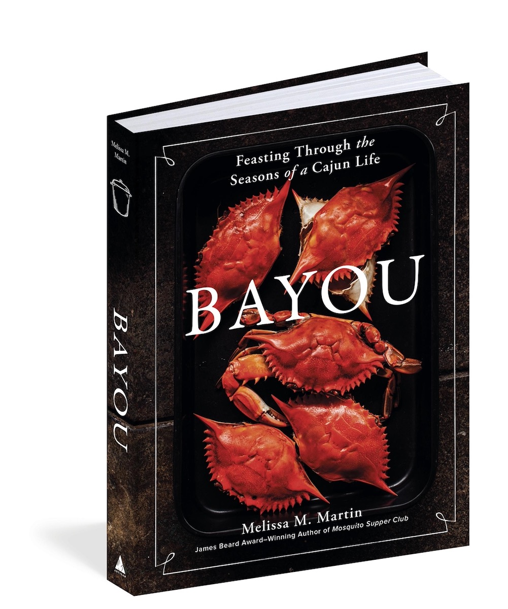 The cover of Melissa Martin's BAYOU, which features red seafood on a black background