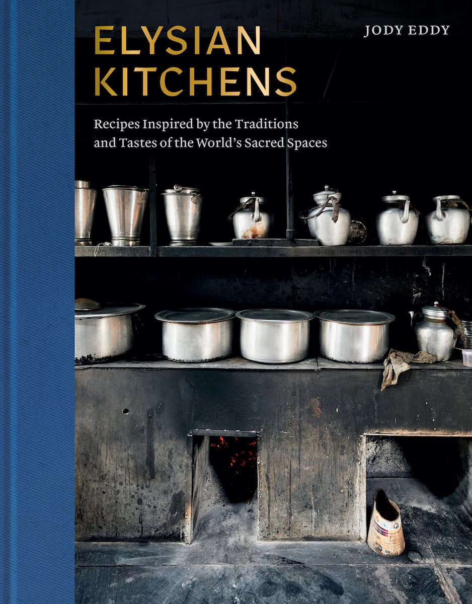 The cover of Elysian Kitchen, showing the interior of a kitchen with steel cookware on two shelves