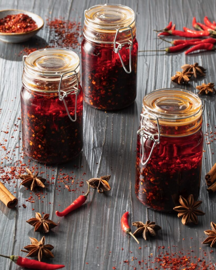 Three glass jars with latches hold a red homemade chili crisp with chili peppers scattered around the jars on the grey table.