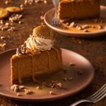 A slice of Pumpkin Cheesecake topped with whipped cream, nuts, a gingersnap cookie, and caramel drizzle sits on an orange plate with another slice on a plate in the top right corner and a fork in the bottom right corner.