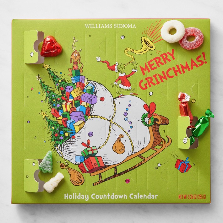 A Williams-Sonoma advent calendar themed around The Grinch, showing gummy candies and an illustrated sleigh