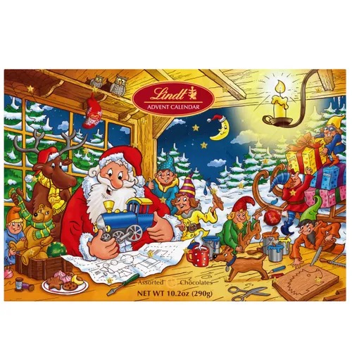 An illustrated Santa-themed advent calendar from Lindt showing whimsical scenes of Santa's workshop