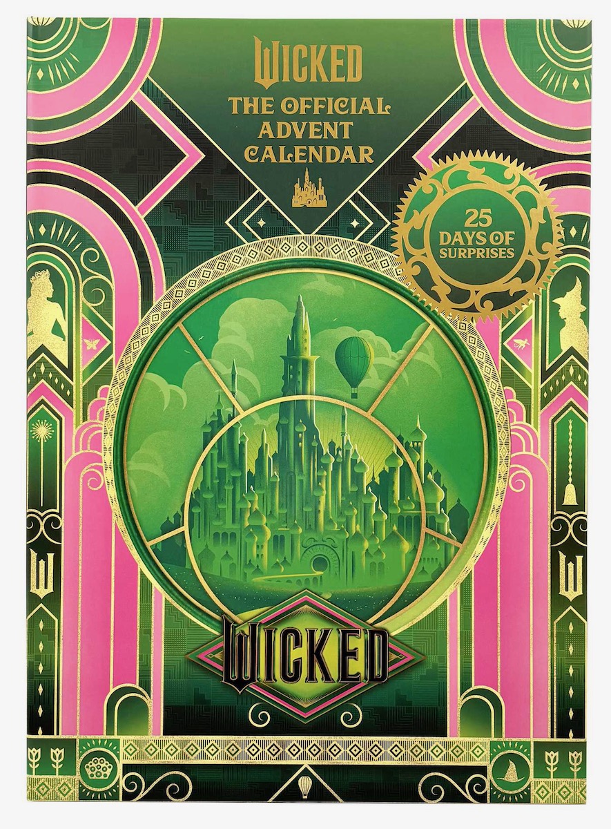 The pink and green cover of a Wicked-themed advent calendar from Simon & Schuster