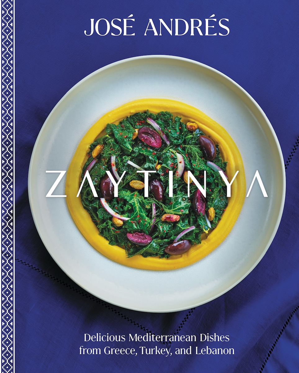 The cover of Zaytinya, a purple background with a green dish on a white plate on it 