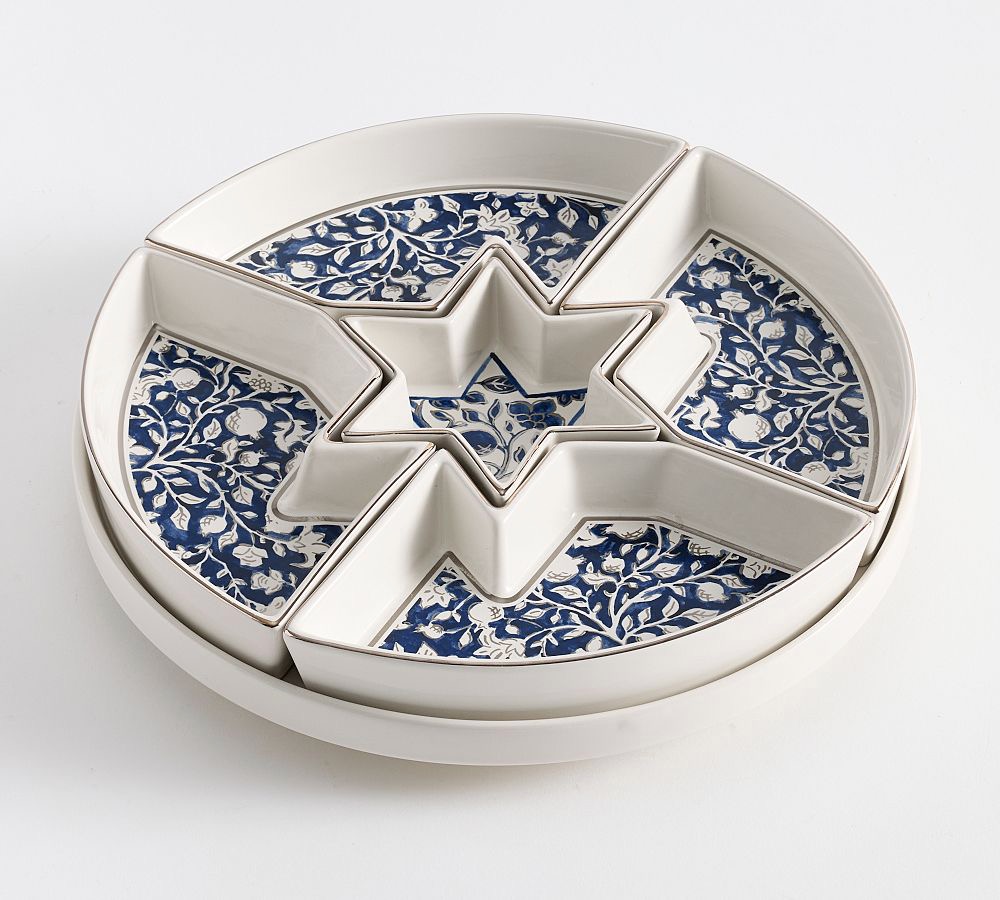 A blue and white piece of Hanukkah tableware from Pottery Barn