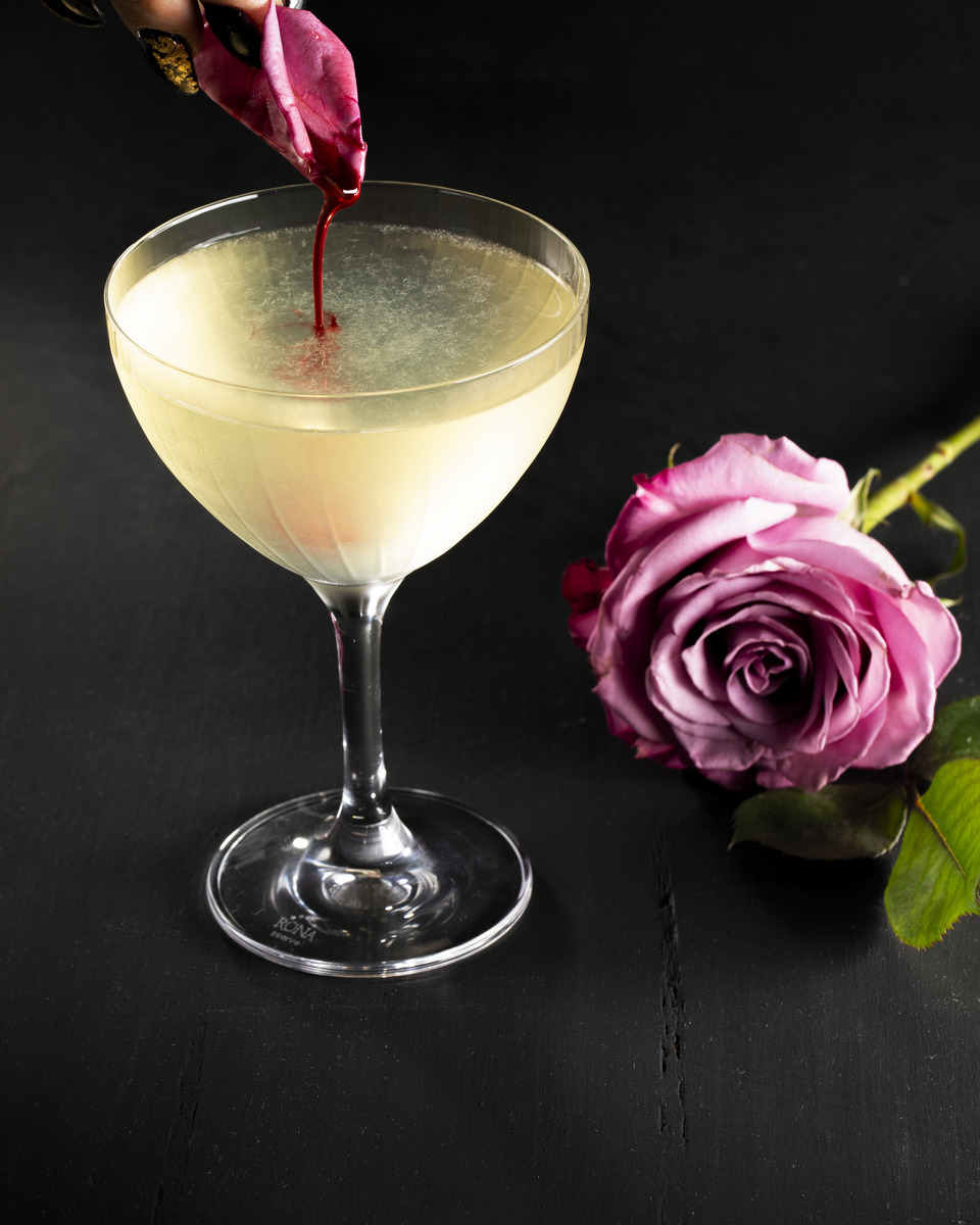 A glass of Nosferatu cocktail with a pink rose petal garnish, creating the illusion of a drop of blood in the drink.