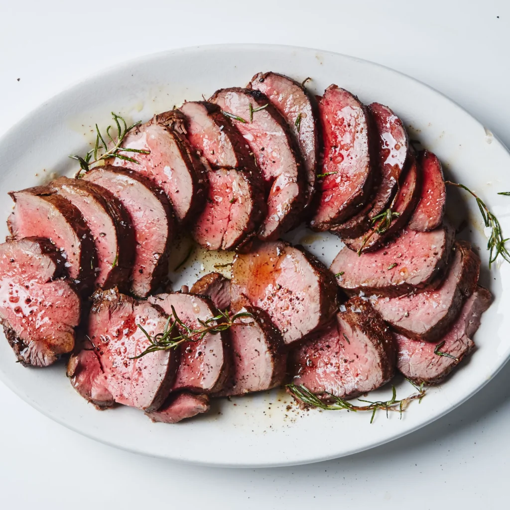 A white platter full of round roast beef tenderloins with herbs on top. 