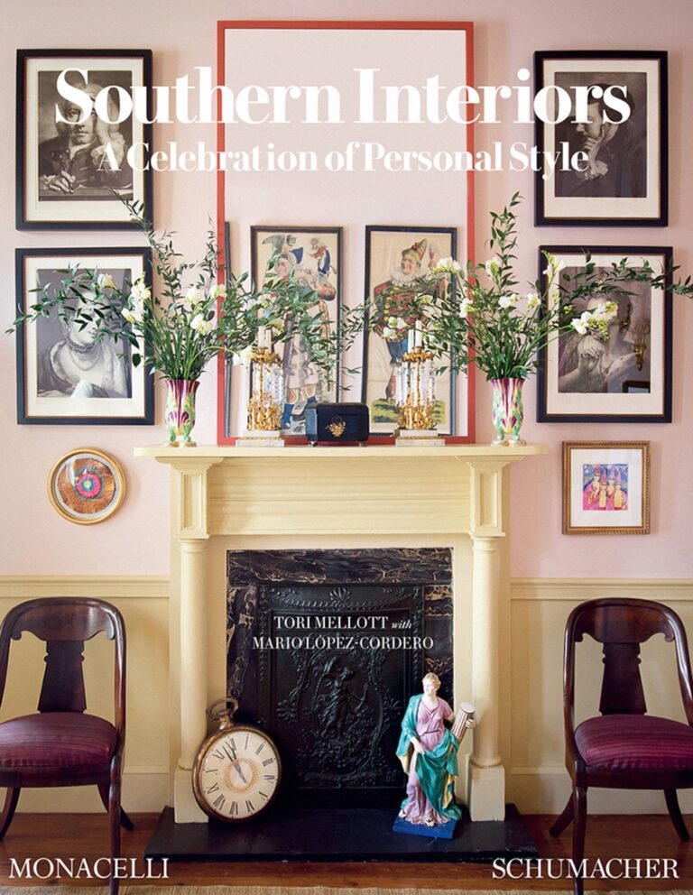 The cover of Southern Interiors by Tori Mellott, a mantlepiece in a room with pictures on the wall