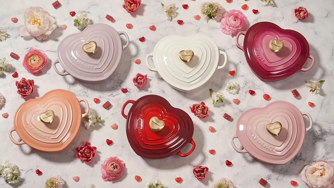 A set of heart-shaped cookware from Le Creuset