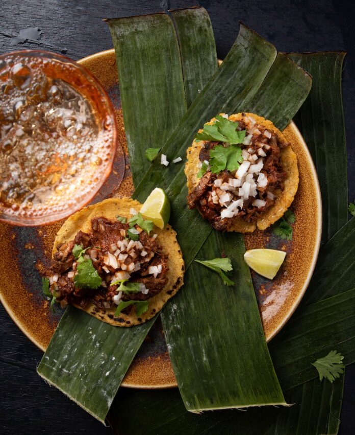 Two small tacos on green plantains hold a braised lamb shoulder with cilantro on top.